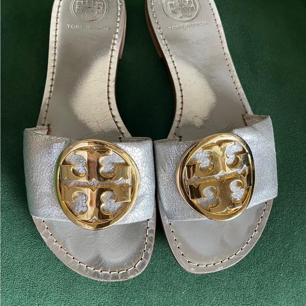 Tory Burch Metallic Gray Sandals with Gold Accent